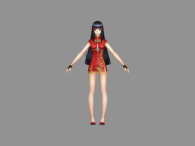 Game Movie Character In Red Qipao With Black Long Hair And Golden Patterns 3d model