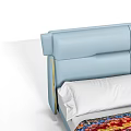 Light Blue Double Bed with Vertical Striped Headboard Golden Lines Patterned Blanket and Golden Legs