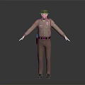 Man in Uniform Wearing Hat with Arms Outstretched and Utility Belt on Gray Background