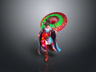 Woman in Vibrant Traditional Outfit Holding Colorful Umbrella with Sequined Details Against Gray Background 3d model