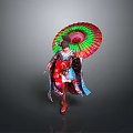 Woman in Vibrant Traditional Outfit Holding Colorful Umbrella with Sequined Details Against Gray Background