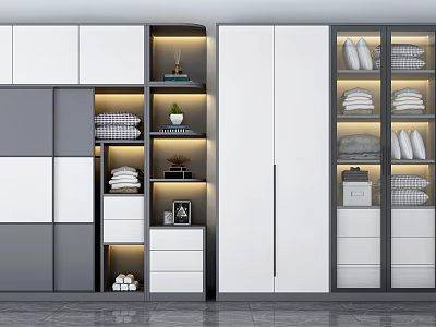 Modern Wardrobe Contemporary Design With Glass Doors Open Shelves Folded Clothes And LED Lighting 3d model