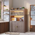 Wooden Kitchen Cabinet With Open Shelves Jars Plants And Microwave Golden Handles