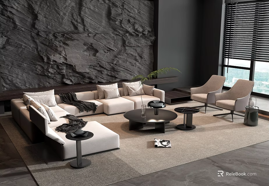 Modern White Sofa Coffee Table Set with Armchairs Stone Textured Wall and Green Plant 3d model 