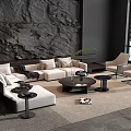 Modern White Sofa Coffee Table Set with Armchairs Stone Textured Wall and Green Plant