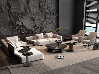 Modern White Sofa Coffee Table Set with Armchairs Stone Textured Wall and Green Plant 3d model