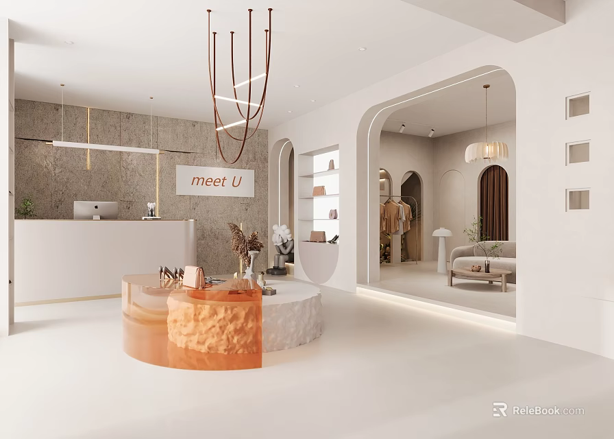 Modern Minimalist Clothing Store With Meet U Sign Arched Doorways And Sofa Seating 3d model 