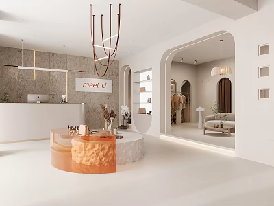 Modern Minimalist Clothing Store With Meet U Sign Arched Doorways And Sofa Seating 3d model