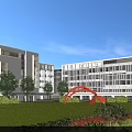 Modern School Building Exterior With Green Lawn Red Arch Structure And Lush Vegetation