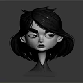 Stylized 3D Character Head Design With Short Black Hair Small Horns And Serious Facial Expression