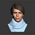 3D Character Head Model With Brown Hair And Blue Scarf On Gray Background