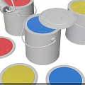 Colorful Paint Cans With Open Lids Red Yellow Blue Trays And Paint Roller