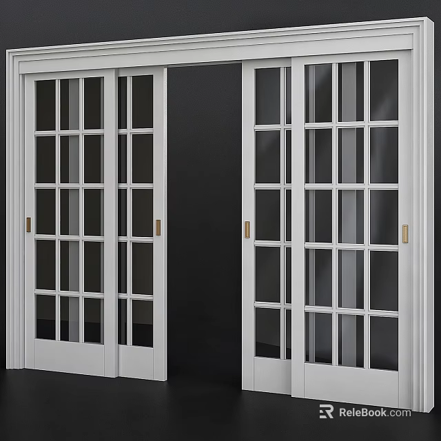 White Hinged Doors With Glass Panes And Golden Handles On Dark Background 3d model 