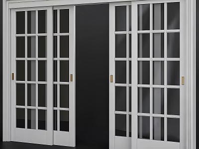 White Hinged Doors With Glass Panes And Golden Handles On Dark Background 3d model