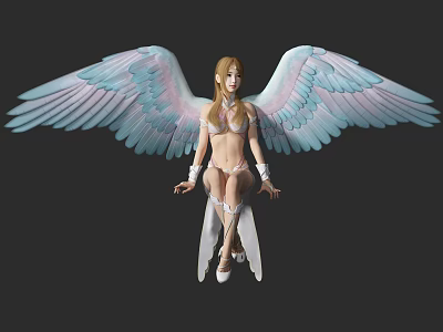 Woman with Large Light Blue and Pink Angel Wings in White Outfit 3d model