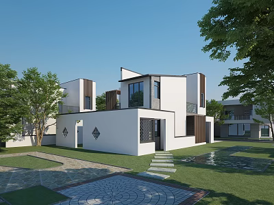 Modern Detached Villa With White Exterior Geometric Design And Courtyard Greenery Lawn Trees 3d model
