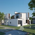 Modern Detached Villa With White Exterior Geometric Design And Courtyard Greenery Lawn Trees