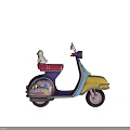 Colorful Blue Yellow Purple Scooter With Red Seat White Cat And Decorative Patterns