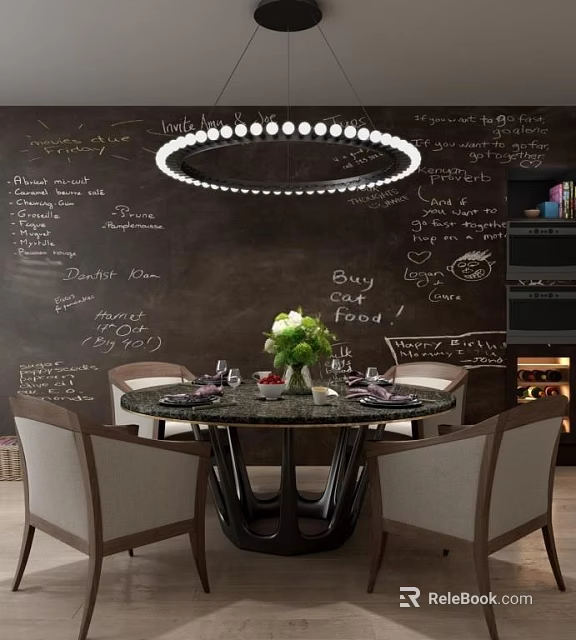 Elegant Round Dining Table Set with Marble Top Chalkboard Wall and Ceiling Light 3d model