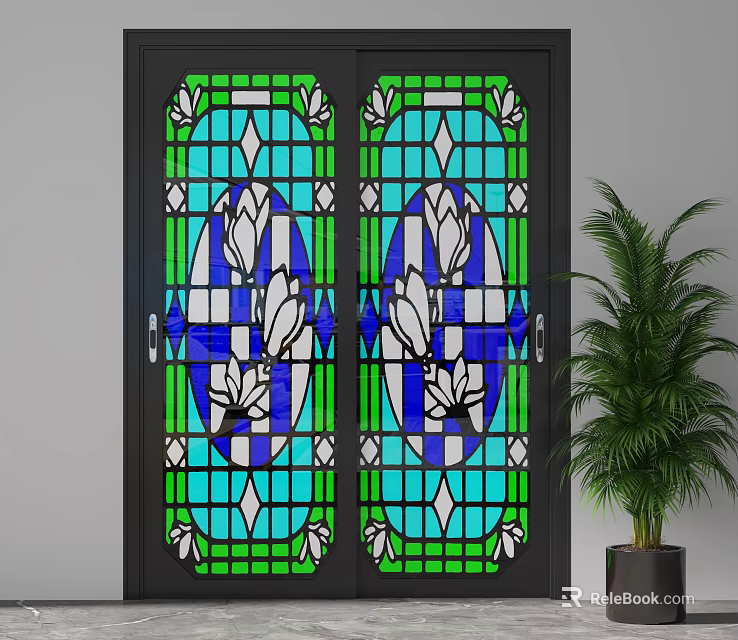 Sliding Double Doors With Stained Glass Panels And Floral Patterns In Black Frame 3d model 