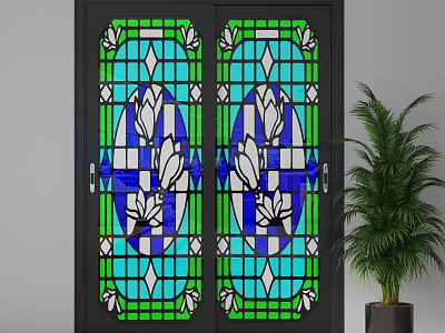 Sliding Double Doors With Stained Glass Panels And Floral Patterns In Black Frame 3d model
