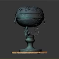 Bronze Decorative Ornament Set with Lid Ring Handles and Wooden Base Display Piece