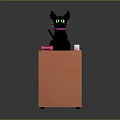 Black Cat With Green Eyes Purple Cape Sitting On Orange Cube With Pink Yellow Objects