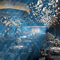 Luxurious Banquet Hall Interior Design With White Petal Ceiling Blue Lighting And Arched Accents