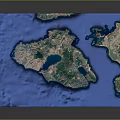 3D Terrain Model Showcasing Island Landmass Blue Ocean And Detailed Topographic Features