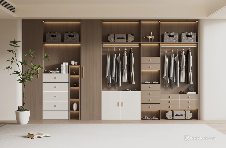Modern Built-in Wardrobe With Wooden Panels White Doors Hanging Clothes And Storage Baskets 3d model 