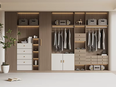 Modern Built-in Wardrobe With Wooden Panels White Doors Hanging Clothes And Storage Baskets 3d model