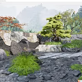 Rockery Stones in Japanese Garden with Wooden Deck Stone Lantern Plants and Mountain View Trees