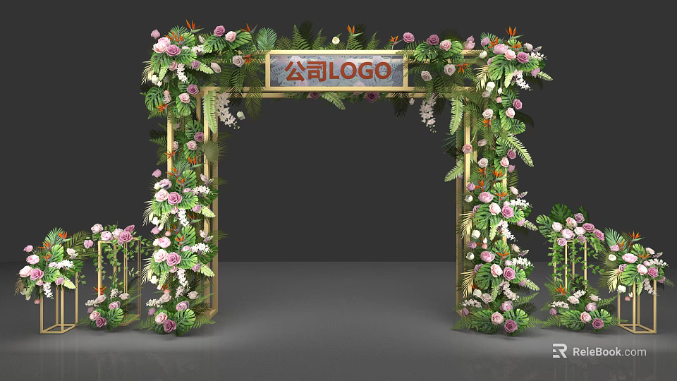 Elegant Event Gateway Decorated With Pink White Flowers Greenery And Golden Frame With Company Logo 3d model 