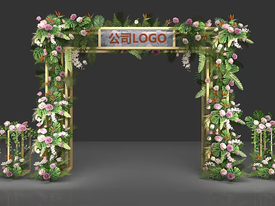 Elegant Event Gateway Decorated With Pink White Flowers Greenery And Golden Frame With Company Logo 3d model