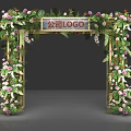 Elegant Event Gateway Decorated With Pink White Flowers Greenery And Golden Frame With Company Logo