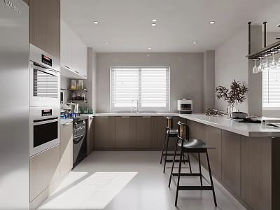 Modern Kitchen Interior Design With Island Counter Cabinets Bar Stools And Appliances 3d model