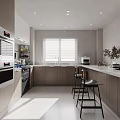 Modern Kitchen Interior Design With Island Counter Cabinets Bar Stools And Appliances