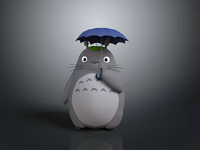 Cute 3D Totoro Character Holding Blue Umbrella With Green Hat Against Gray Background 3d model