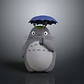 Cute 3D Totoro Character Holding Blue Umbrella With Green Hat Against Gray Background