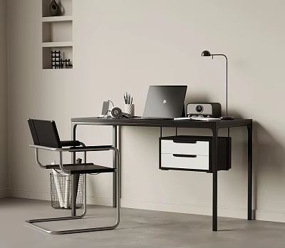 Modern Minimalist Desk with Laptop Desk Lamp Chair and Wall Shelf with Books 3d model