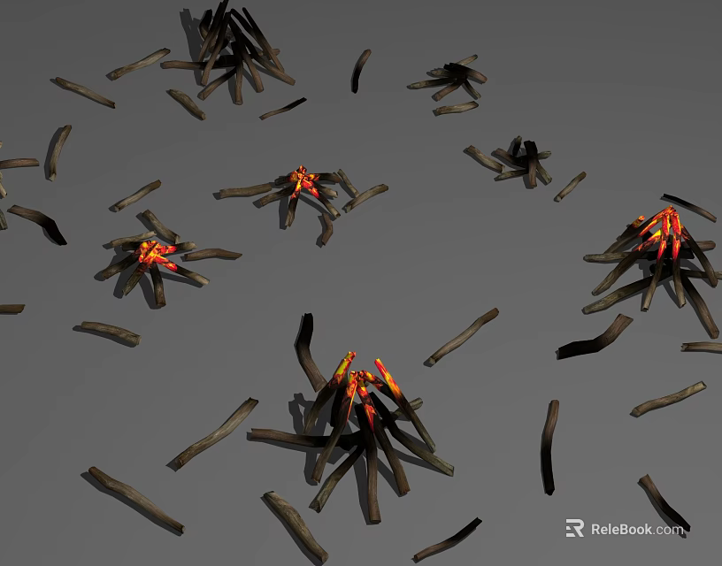 Garden Ornaments With Black Branch Structures Red Yellow Central Decor And Scattered Black Slender Strips 3d model 