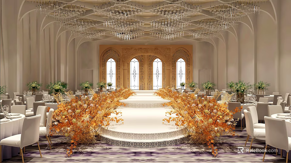 Luxurious Banquet Hall With Crystal Chandeliers Golden Floral Arrangements Arched Windows Stage Tables And Chairs 3d model 