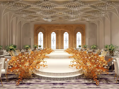 Luxurious Banquet Hall With Crystal Chandeliers Golden Floral Arrangements Arched Windows Stage Tables And Chairs 3d model