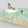 Cartoon Scene With Small Sandy Island Palm Tree Deck Chair Lifebuoy And Water Area