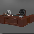 Classic Wooden Office Desk With White iMac Lamp Stack Of Books And Leather Chair