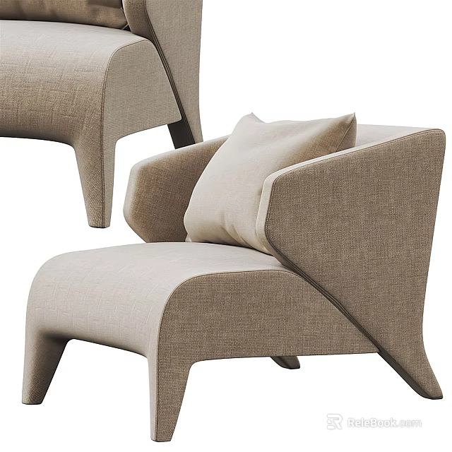 Modern Beige Fabric Single Sofa With Curved Armrest And Accent Pillow 3d model 