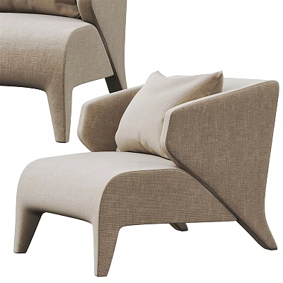 Modern Beige Fabric Single Sofa With Curved Armrest And Accent Pillow 3d model