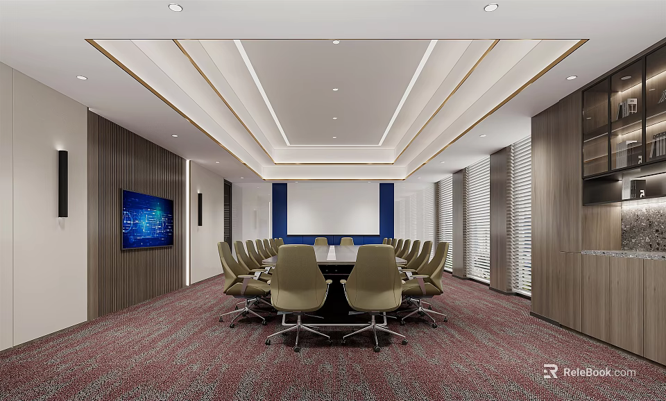 Modern Conference Room Interior With Round Conference Table Chairs Large Screen Wooden Walls And Blinds 3d model 
