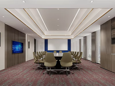 Modern Conference Room Interior With Round Conference Table Chairs Large Screen Wooden Walls And Blinds 3d model
