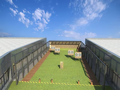 Outdoor Shooting Range With Green Lawn Targets Covered Walkways And Warning Tape 3d model